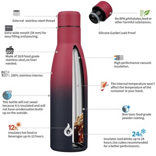 Foto 3 | Foto 3 | Botella De Agua Bjpkpk Con Aislamiento De Acero Inoxidable, 500 Ml, Negro Y Rojo - Venta Internacional.