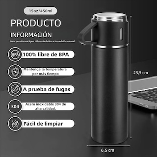 Foto 2 | Foto 2 | Termo Botella Acero Inoxidable 304 Al Vacío Con Dos Tazas Eo Safe Imports Esi-20158 Negro
