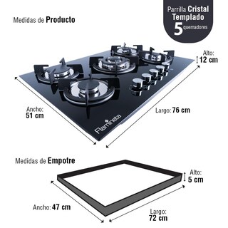 Foto 6 | Foto 6 | Parrilla Empotrable de Gas Flamineta E5Q02-CRT color Negro 5 Quemadores Cristal Templado