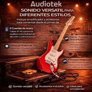 Foto 4 | Foto 4 | Guitarra Eléctrica Audiotek Rojo con Amplificador 9V Funda Capotraste Afinador Eléctrico Accesorios Repuesto