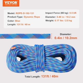 Foto 7 | Foto 7 | Cuerda De Escalada Vevor, 10,2 Mm, Dinámica, 40 M, Con Ganchos De Acero, Color Azul - Venta Internacional.