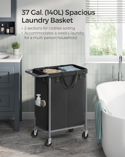 Foto 3 | Foto 3 | Cesta De Lavandería Songmics Rolling 140 L Con Ruedas Y 2 Secciones - Venta Internacional.