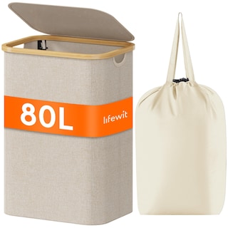 Foto 1 | Foto 1 | Cesto De Ropa Lifewit De 80 Litros Con Tapa, Asas De Bambú Y Bolsa, Color Beige - Venta Internacional.