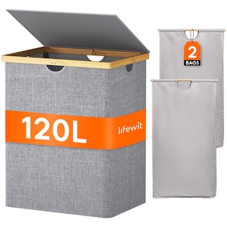 Foto 1 | Foto 1 | Cesto De Ropa Lifewit De 120 Litros Doble Con Tapa Bambú Gris Claro - Venta Internacional.