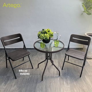 Foto 4 | Foto 4 | Mesa Circular De Vidrio Estructura De Acero Café Oscuro Mesa Compacta Para Terraza Jardín Balcón De 60cm De Diámetro