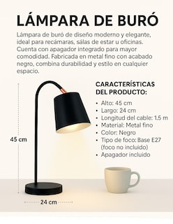 Foto 2 | Foto 2 | Lámpara De Buró Con Apagador Color Negro | Base E27 | 45 Cm De Alto