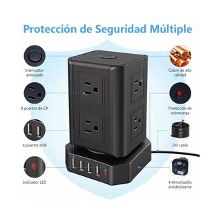 Foto 2 | Foto 2 | Regleta Multicontacto Eo Safe Imports Tipo Torre 8 Salidas y 4 Puertos USB ESI-8376 Negro