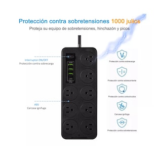 Foto 2 | Foto 2 | Regleta Cargador Multicontactos Premium Con 8 Salidas 3 Puertos Usb 1 Tipo C Eo Safe Imports Esi-14289 Negro