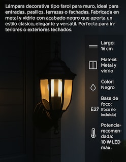 Foto 4 | Foto 4 | Lámpara Arbotante De Pared Tipo Farol Negra Para Exterior O Interior Techado
