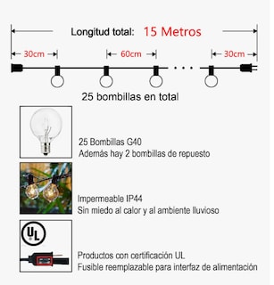 Foto 4 | Foto 4 | Guirnalda De Luces Exterior, 15metros 25+2 Focos Vidrio G40 Ip44 Blanco Cálido, Serie Luz Vintage Decorativas