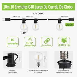 Foto 5 | Foto 5 | Guirnalda De Luces 10+2 Focos Vintage Impermeable 10m