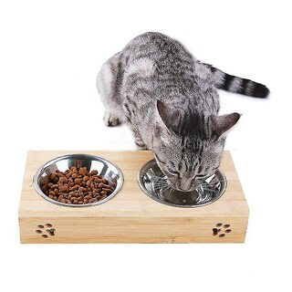 Foto 3 | Foto 3 | Tazón Doble Para Mascotas, Bambú, Acero Inoxidable, Para Gatos Y Perros Pequeños - Venta Internacional.