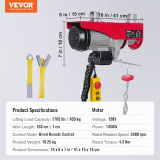 Foto 6 | Foto 6 | Polipasto Eléctrico Vevor 800 Kg 110 V Con Control Remoto Con Cable De 4,3 M - Venta Internacional.