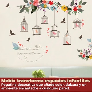 Foto 3 | Foto 3 | Sticker Vinil Decorativo Con Diseño De Pájaros Y Flores Coloridas Para Pared