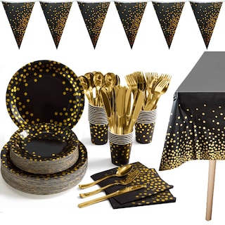 Foto 1 | Foto 1 | Paquete Vajilla Desechable De Fiesta Negro Puntos Dorados 25 Personas