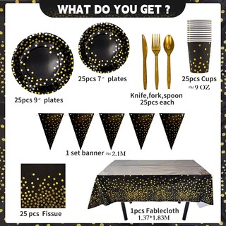 Foto 2 | Foto 2 | Paquete Vajilla Desechable De Fiesta Negro Puntos Dorados 25 Personas