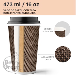 Foto 4 | Foto 4 | Berry Green Vasos Corrugados Para Café 16oz Con Tapa 60pzs Biodegradables Resistentes Y Sin Derrames