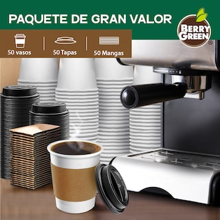 Foto 3 | Foto 3 | Berry Green Paquete 50 Vasos Café 10 Oz Con Tapa Y Manga Protectora Resistentes Biodegradables Para Bebidas Calientes