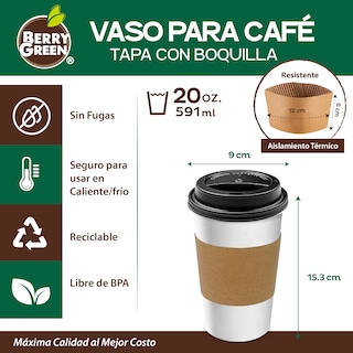 Foto 2 | Foto 2 | Berry Green Paquete 50 Vasos Café 20 Oz Con Tapa Y Manga Protectora Resistentes Biodegradables Para Bebidas Calientes