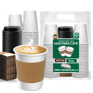 Foto 1 | Foto 1 | Berry Green Paquete 50 Vasos Café 8 Oz Con Tapa Y Manga Protectora Resistentes Biodegradables Para Bebidas Calientes