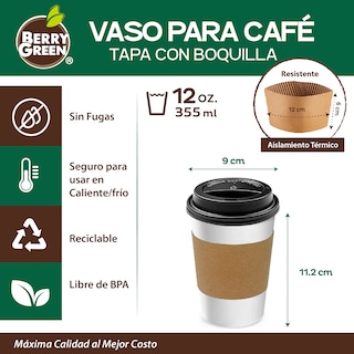 Foto 3 | Foto 3 | Berry Green 50 Vasos Para Café 12 Oz (355 Ml) Con Tapa Y Manga Resistentes Antiderrames Y Biodegradables