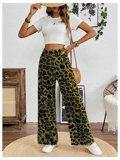 Foto 4 | Foto 4 | Pantalones Sweetyrocks Con Estampado De Leopardo, Cintura Alta, Pierna Ancha, Verde - Venta Internacional.