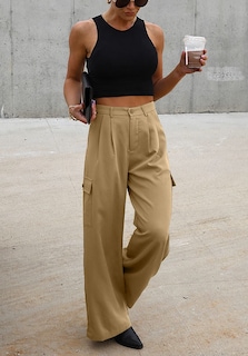Foto 4 | Foto 4 | Pantalones Cargo Dokotoo Khaki Para Mujer, Cintura Alta Y Pierna Ancha - Venta Internacional.