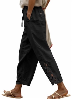 Foto 1 | Foto 1 | Pantalones Acelit De Lino Para Mujer, Cintura Elástica, Con Cordón, Color Negro - Venta Internacional.
