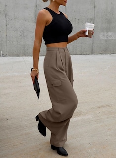 Foto 3 | Foto 3 | Pantalones Cargo Dokotoo Para Mujer, Pierna Ancha, Talla Grande, Color Marrón Oscuro - Venta Internacional.
