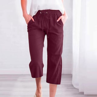 Foto 2 | Foto 2 | Pantalones Capri Para Mujer, Algodón Y Lino, Holgados, Pernera Ancha, Tamaño A05, Color Vino, Xxxl - Venta Internacional.