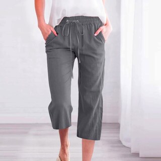 Foto 2 | Foto 2 | Pantalones Capri Para Mujer, Algodón Y Lino, Recto, Pernera Ancha, Gris Oscuro - Venta Internacional.