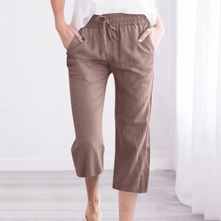 Foto 2 | Foto 2 | Pantalones Capri Casuales De Verano Con Cordón Elástico De Cintura Alta De Lino - Venta Internacional.