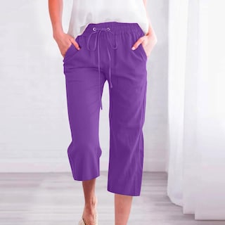 Foto 2 | Foto 2 | Pantalones Capris Para Mujer, Algodón Y Lino, Holgados, Para Verano, Color Morado Xxxxxl - Venta Internacional.