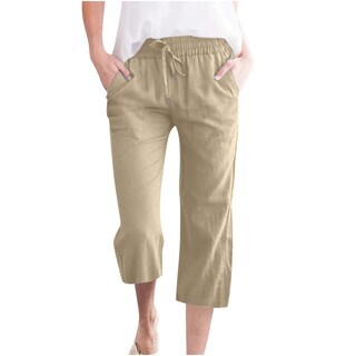 Foto 1 | Foto 1 | Pantalones Capri De Algodón Y Lino Para Mujer, Informales, Holgados, De Verano, C06, Color Caqui - Venta Internacional.