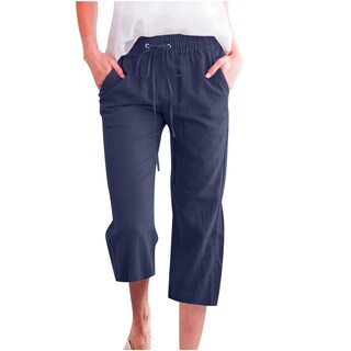 Foto 1 | Foto 1 | Pantalones Capri Elegantes Para Mujer, Lino De Verano, Cintura Elástica, Azul Marino - Venta Internacional.