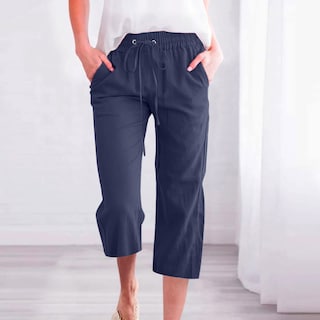 Foto 2 | Foto 2 | Pantalones Capri Elegantes Para Mujer, Lino De Verano, Cintura Elástica, Azul Marino - Venta Internacional.