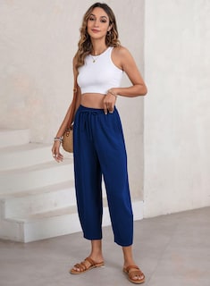 Foto 5 | Foto 5 | Pantalones Evaless, Holgados, Pernera Ancha, Cintura Elástica, Azul Marino - Venta Internacional.