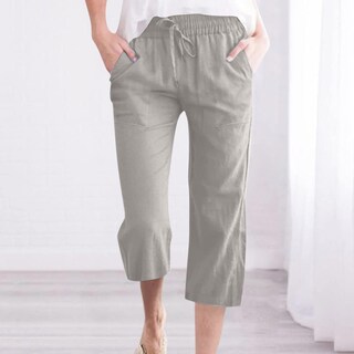 Foto 2 | Foto 2 | Pantalones Capri, Cintura Elástica, Lino, Pierna Ancha, Talla Grande C05, Gris - Venta Internacional.
