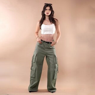 Foto 4 | Foto 4 | Jeans Cargo Mujer Verde Gabardina Tiro Medio