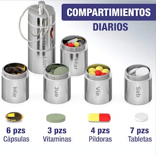 Foto 6 | Foto 6 | Pastillero Semanal Portabs Hermético de Llavero en Español Plateado