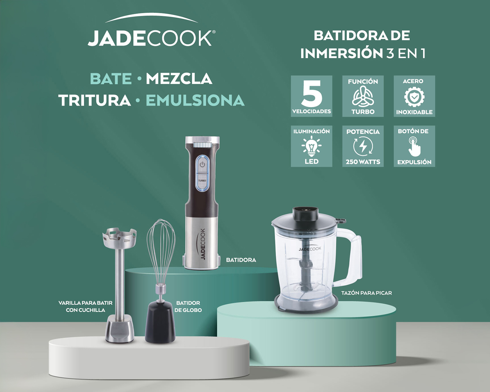 Foto 4 pulgar | Foto 3 | Batidora de Inmersión 3 en 1 Jade Cook 5 Velocidades con 3 Accesorios