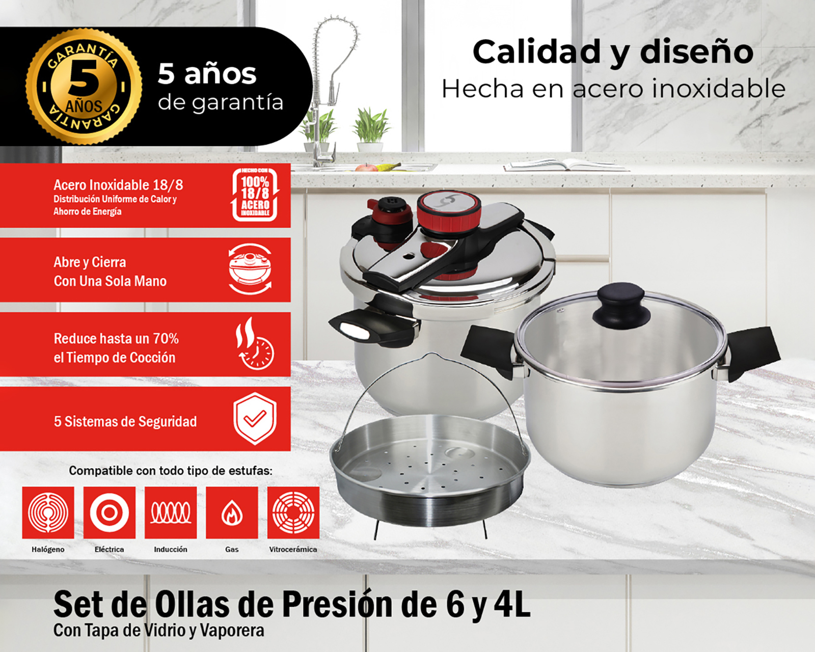 Foto 5 | Foto 5 | Set de Ollas de Presión Bogner de Acero Inoxidable 5 Piezas