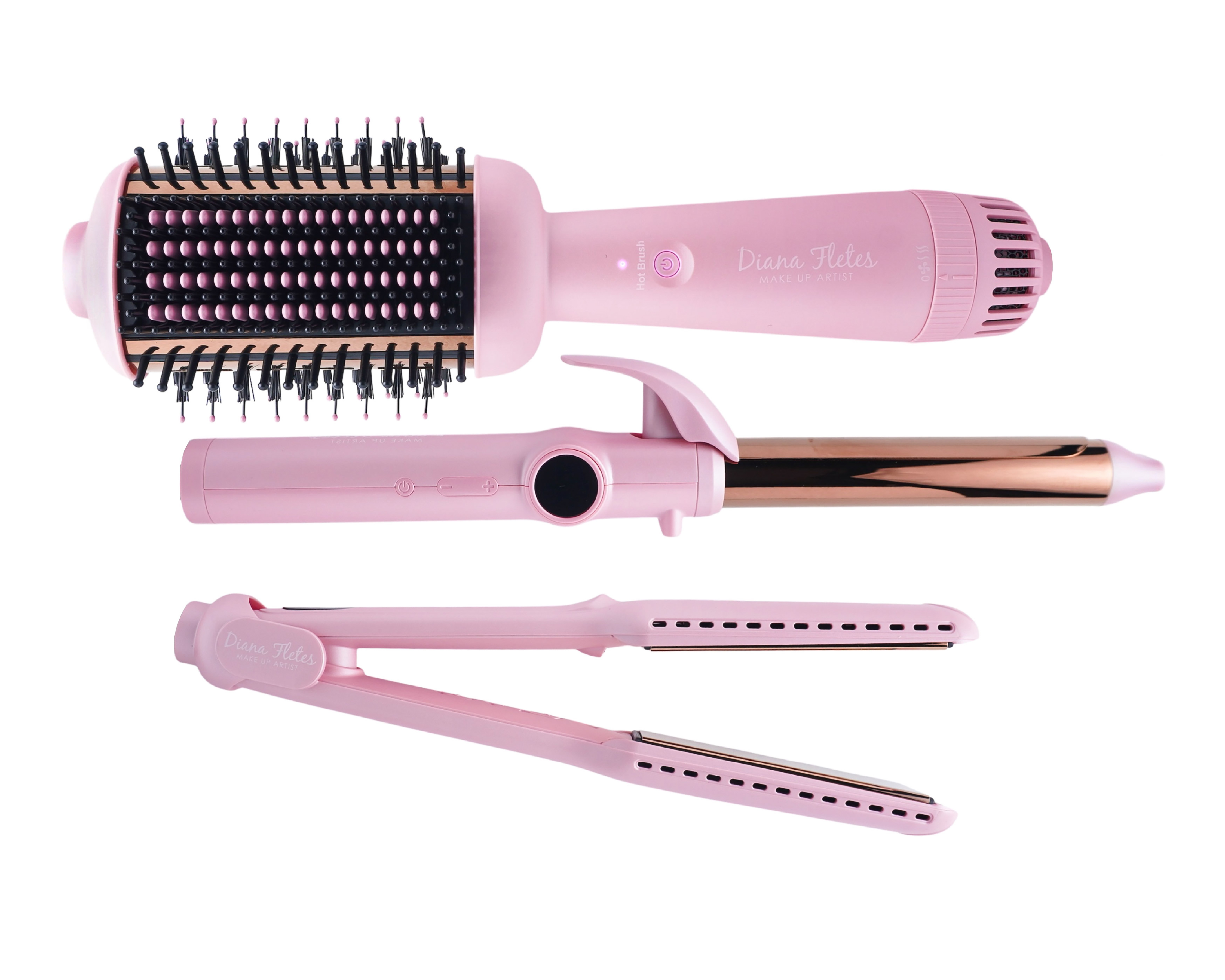 Plancha para Cabello + Cepillo de Aire y Tenaza Diana Fletes Curly Style 3 en 1