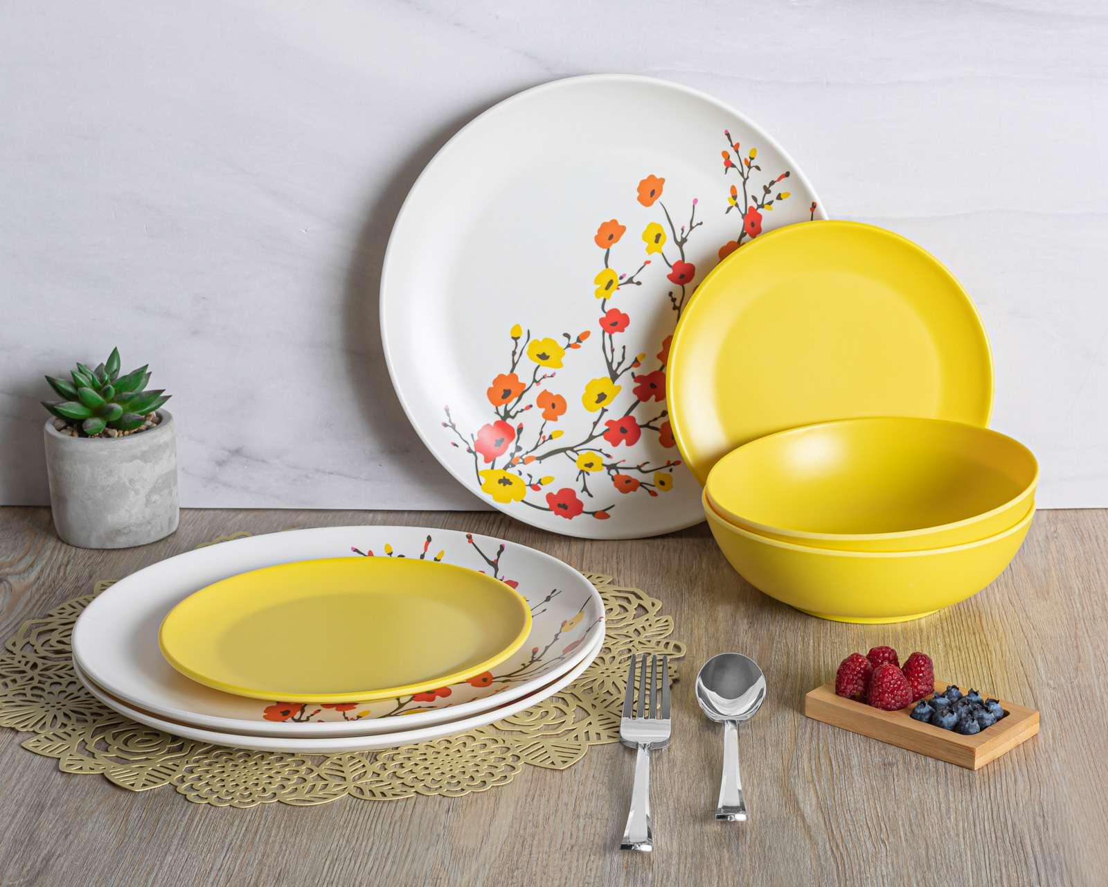 Vajilla de Melamina Amarilla para 4 Personas 12 Piezas