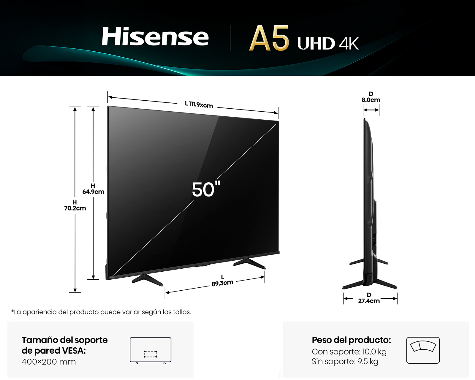 Foto 2 | Foto 10 | Pantalla Smart TV Hisense 50 Pulgadas LED UHD 50A5NV