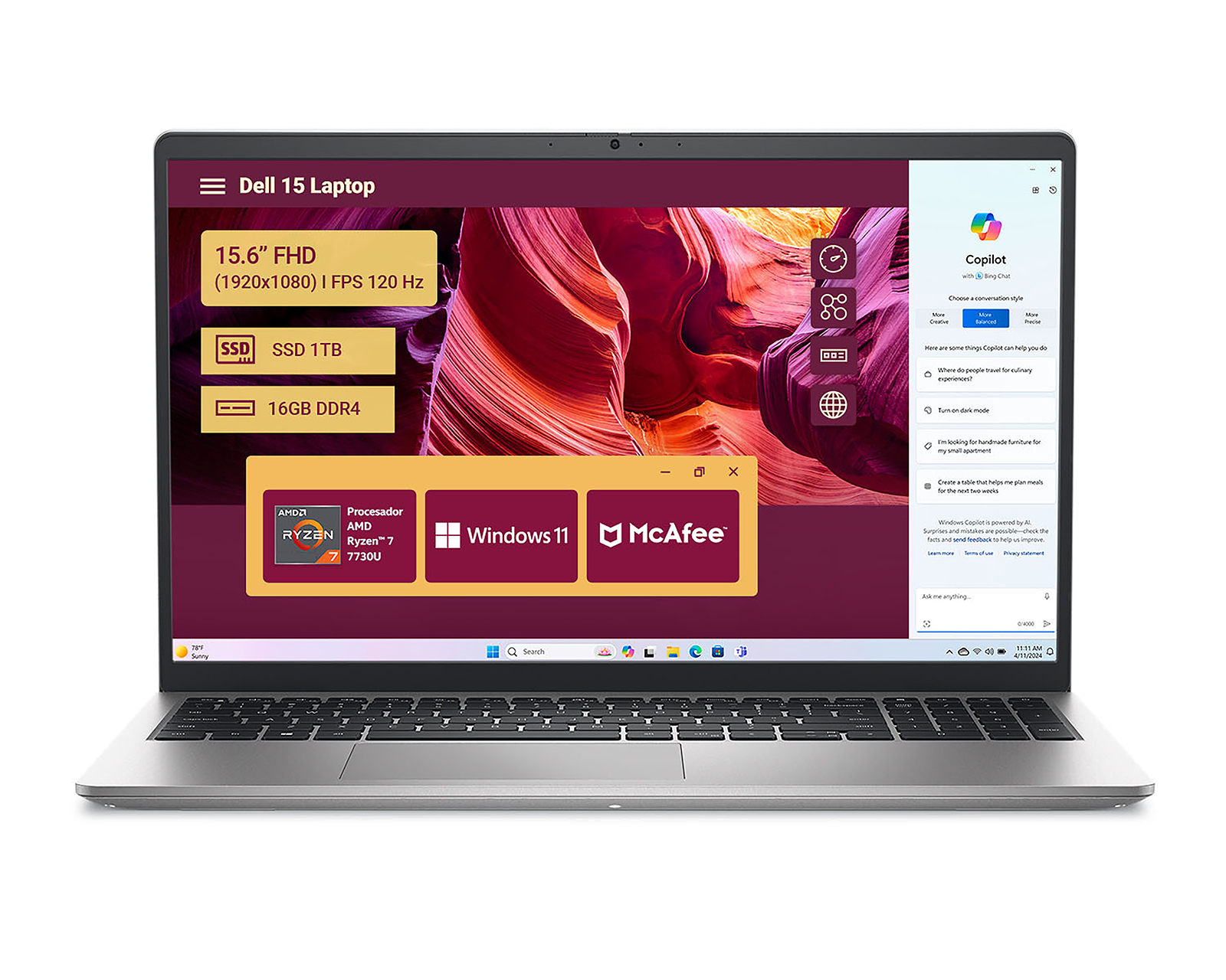 Laptop Dell 15 DC15255 15.6 Pulgadas Windows 11 AMD Ryzen 7 16 GB RAM 1 TB SSD Plata