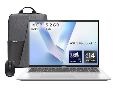 Foto 1 | Foto 1 | Laptop Asus Vivobook 16 X1607CA-MB155W 16 Pulgadas Windows 11 Intel Core Ultra 5 16 GB RAM 512 GB SSD Plateada + Mochila y Mouse