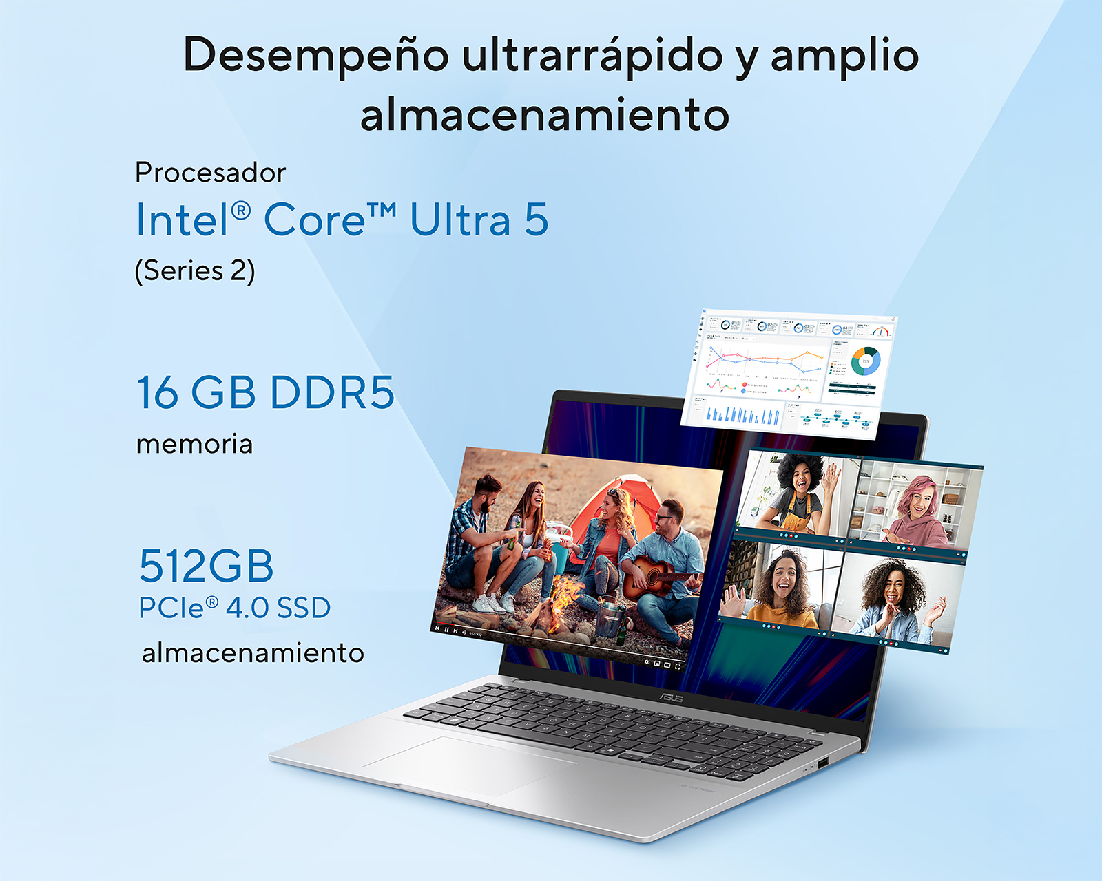 Foto 3 pulgar | Foto 2 | Laptop Asus Vivobook 16 X1607CA-MB155W 16 Pulgadas Windows 11 Intel Core Ultra 5 16 GB RAM 512 GB SSD Plateada + Mochila y Mouse