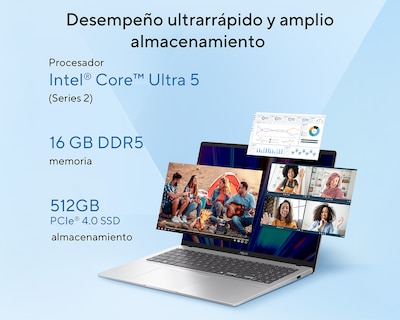 Foto 2 | Foto 2 | Laptop Asus Vivobook 16 X1607CA-MB155W 16 Pulgadas Windows 11 Intel Core Ultra 5 16 GB RAM 512 GB SSD Plateada + Mochila y Mouse