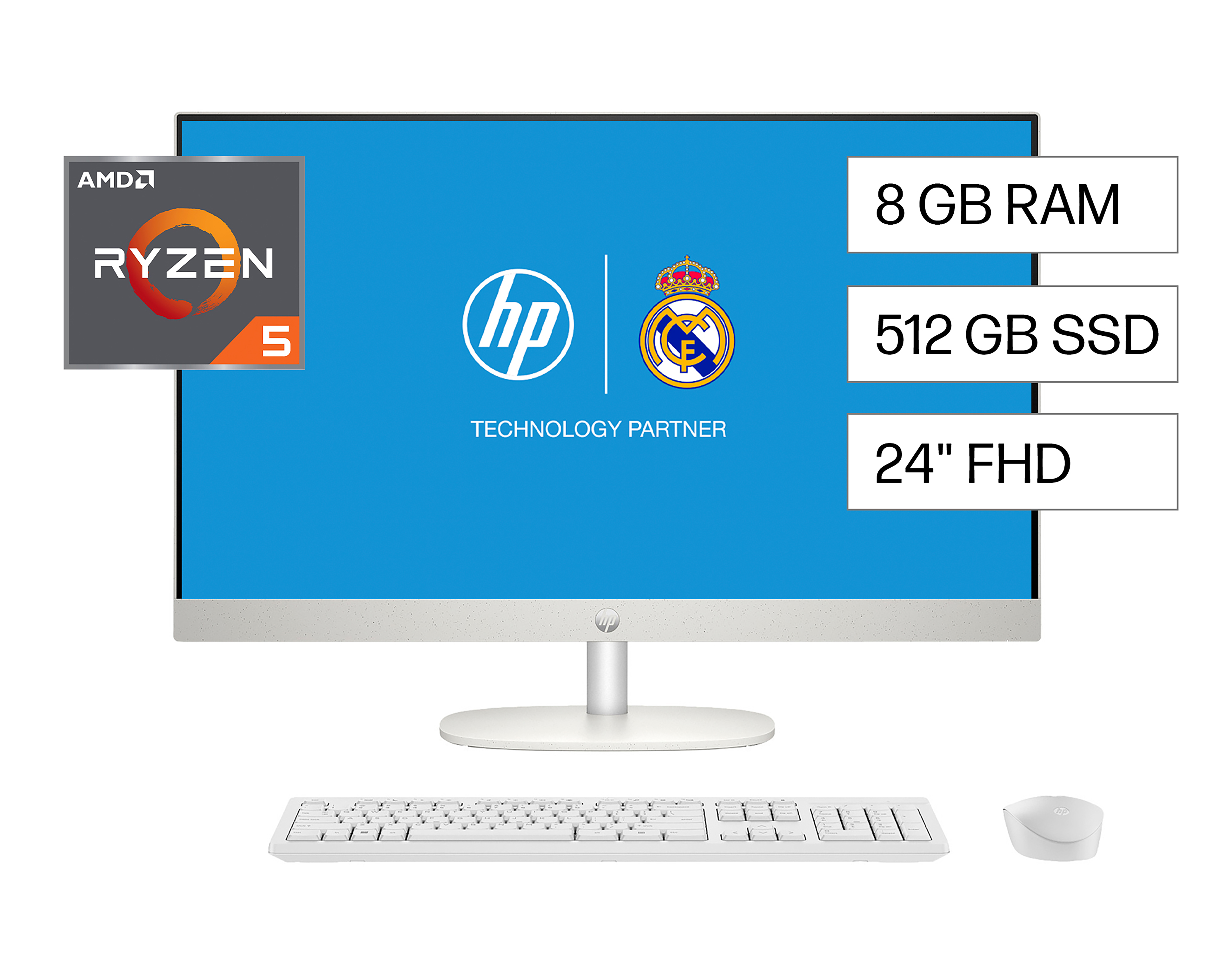 Computadora de Escritorio HP 24-CR0250LA 23.8 Pulgadas Windows 11 AMD Ryzen 5 8 GB RAM 512 GB SSD Blanca